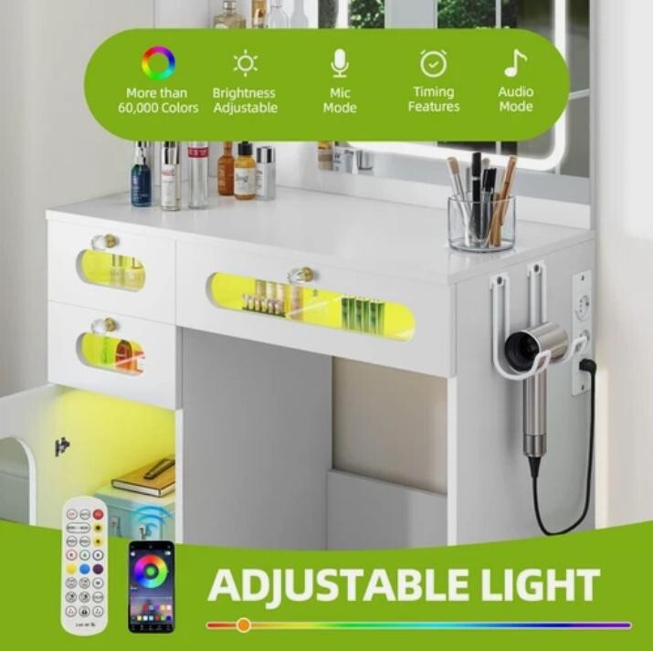 LED Vanity Desk with Mirror Drawers RGB Storage Makeup Table Bedroom - Kwikley