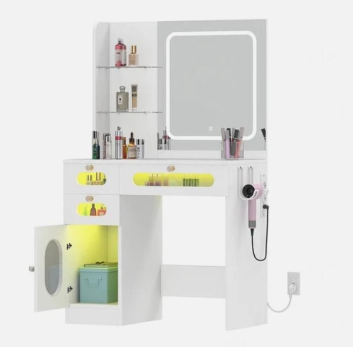 LED Vanity Desk with Mirror Drawers RGB Storage Makeup Table Bedroom - Kwikley
