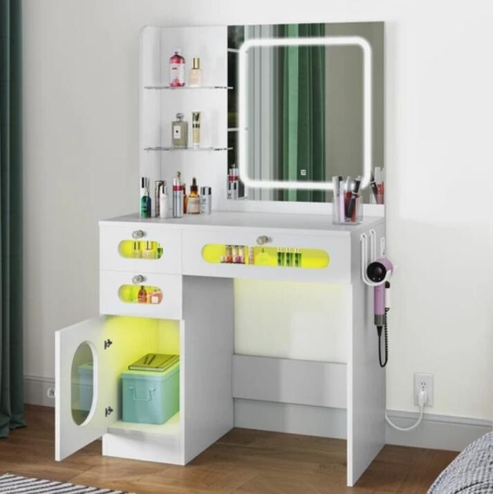 LED Vanity Desk with Mirror Drawers RGB Storage Makeup Table Bedroom - Kwikley