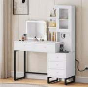 LED Vanity Desk with Mirror, Makeup Table 5 Drawers, USB, Shelves White - Kwikley