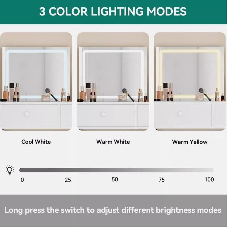 LED Vanity Desk with Mirror, Makeup Table 5 Drawers, USB, Shelves White - Kwikley
