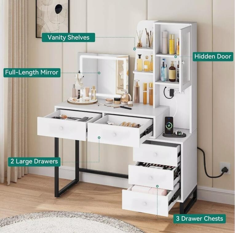 LED Vanity Desk with Mirror, Makeup Table 5 Drawers, USB, Shelves White - Kwikley