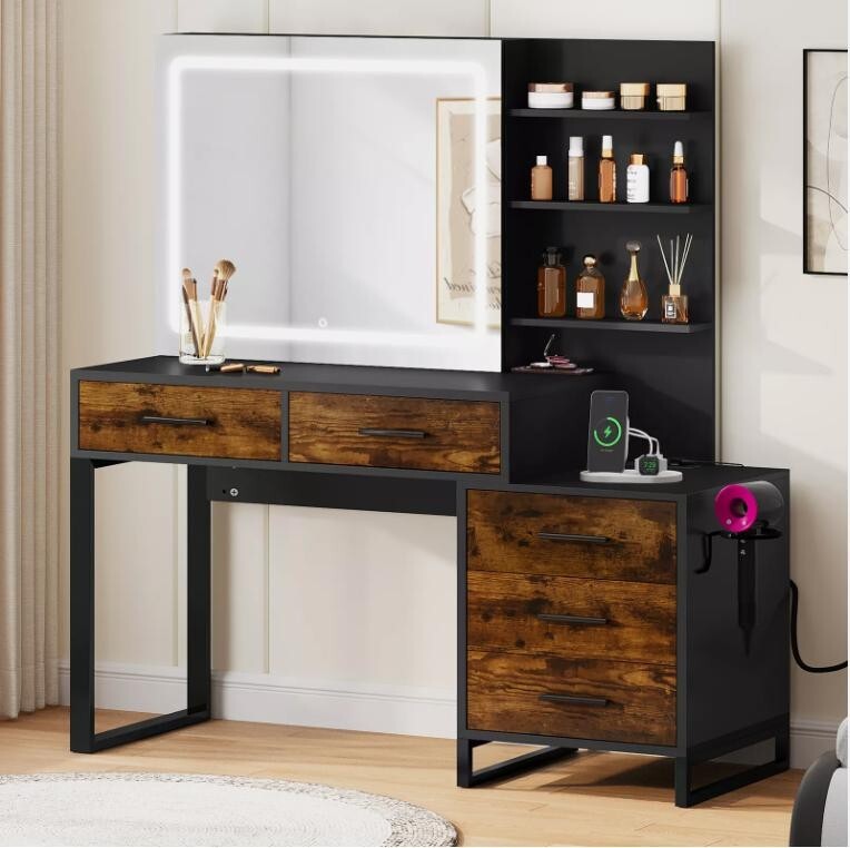LED Vanity Dressing Table Sliding Mirror Makeup Desk USB Outlets Drawers - Kwikley