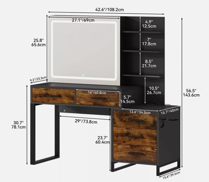 LED Vanity Dressing Table Sliding Mirror Makeup Desk USB Outlets Drawers - Kwikley