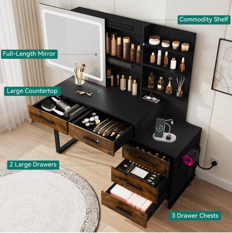 LED Vanity Dressing Table Sliding Mirror Makeup Desk USB Outlets Drawers - Kwikley
