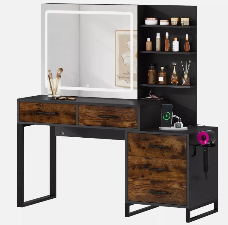 LED Vanity Dressing Table Sliding Mirror Makeup Desk USB Outlets Drawers - Kwikley