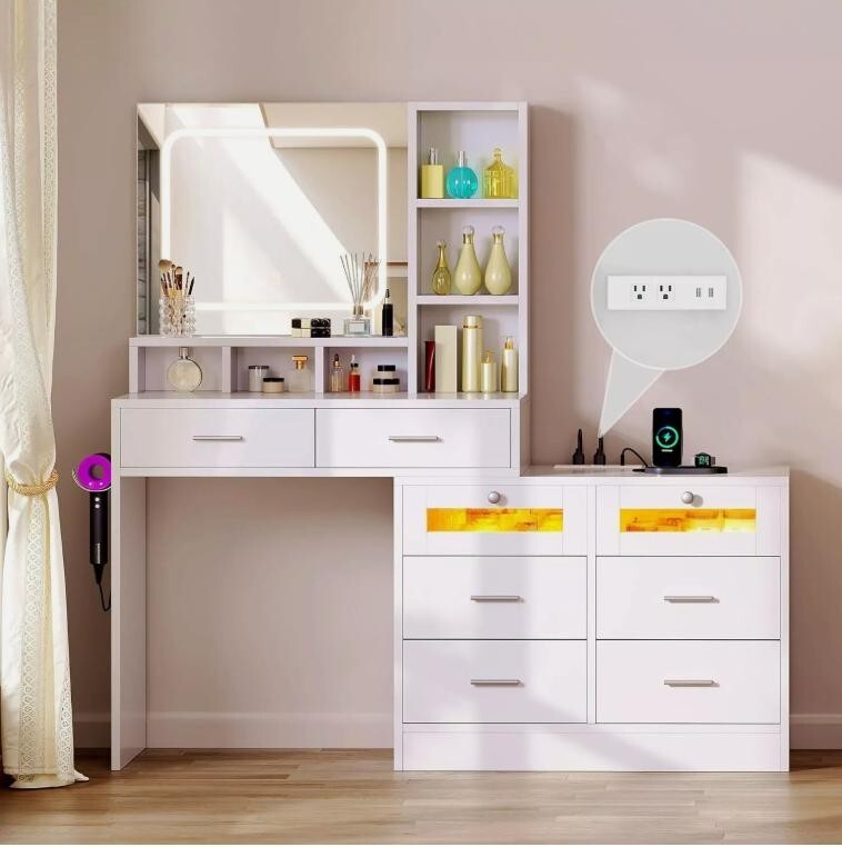 LED Vanity Dressing Table with Mirror, Drawers, USB, Chest & Lights - Kwikley