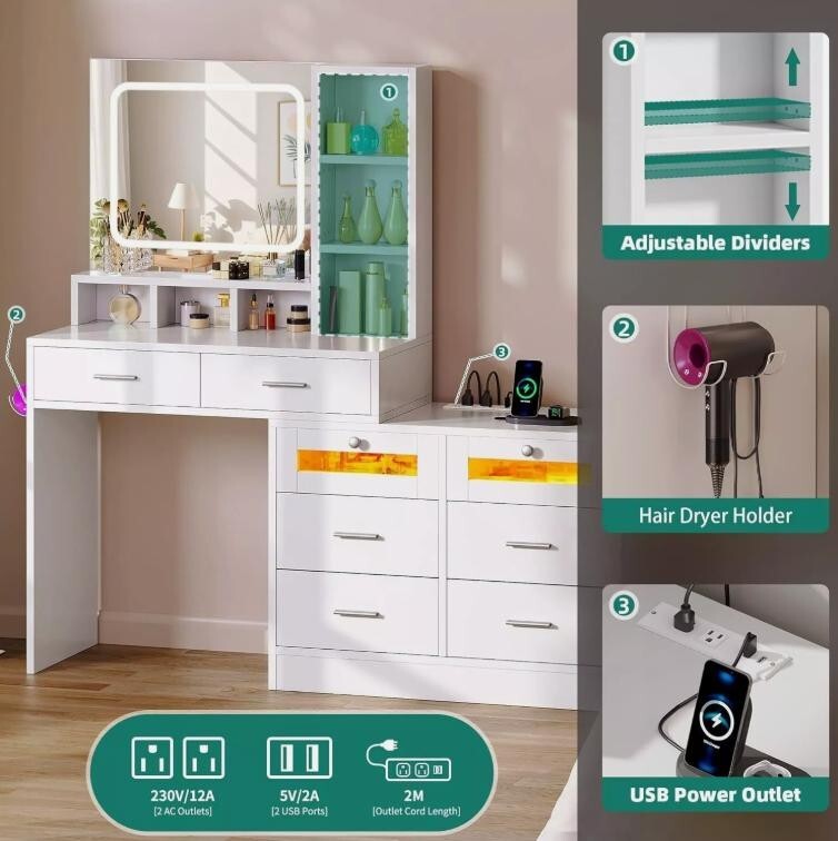 LED Vanity Dressing Table with Mirror, Drawers, USB, Chest & Lights - Kwikley