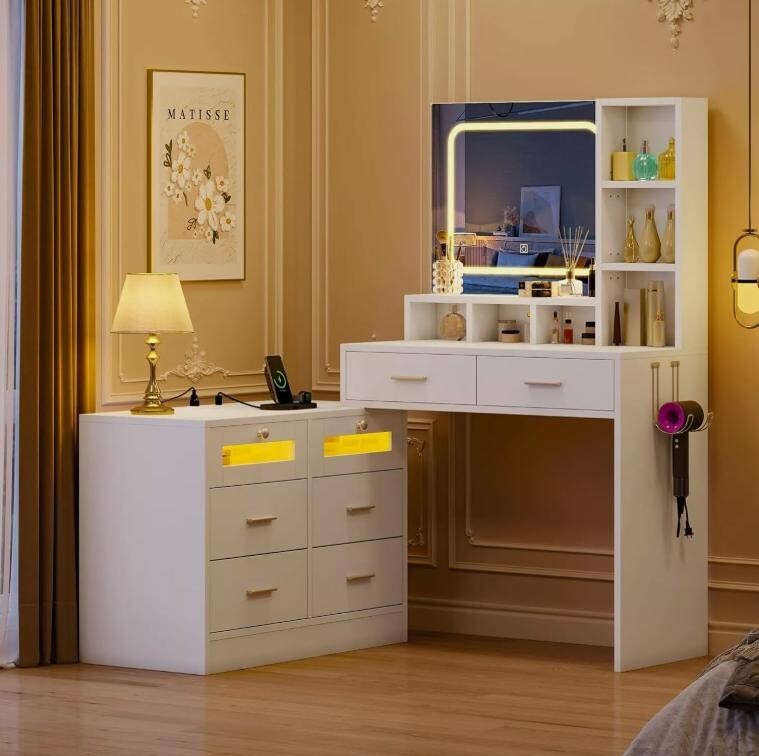 LED Vanity Dressing Table with Mirror, Drawers, USB, Chest & Lights - Kwikley