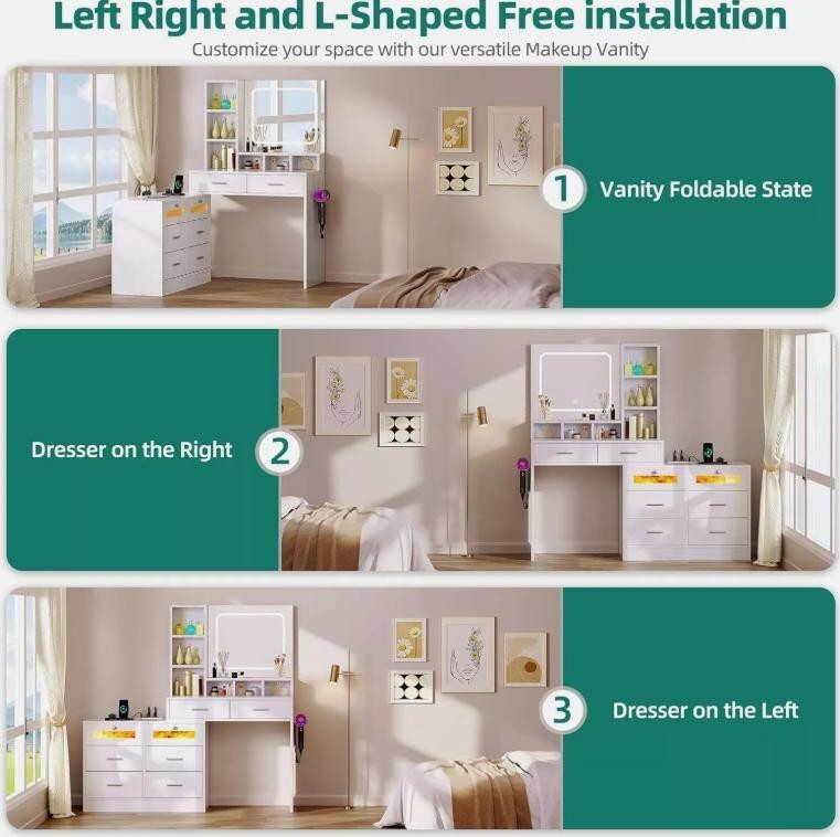 LED Vanity Dressing Table with Mirror, Drawers, USB, Chest & Lights - Kwikley