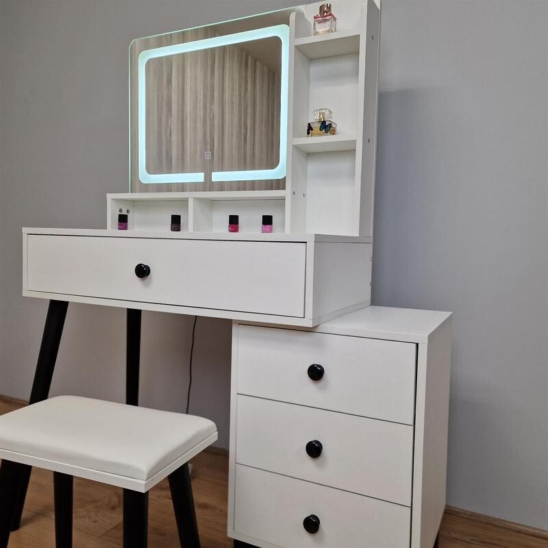 LED Vanity Dressing Table with Mirror & Stool, Makeup Desk w/ Drawers - Kwikley