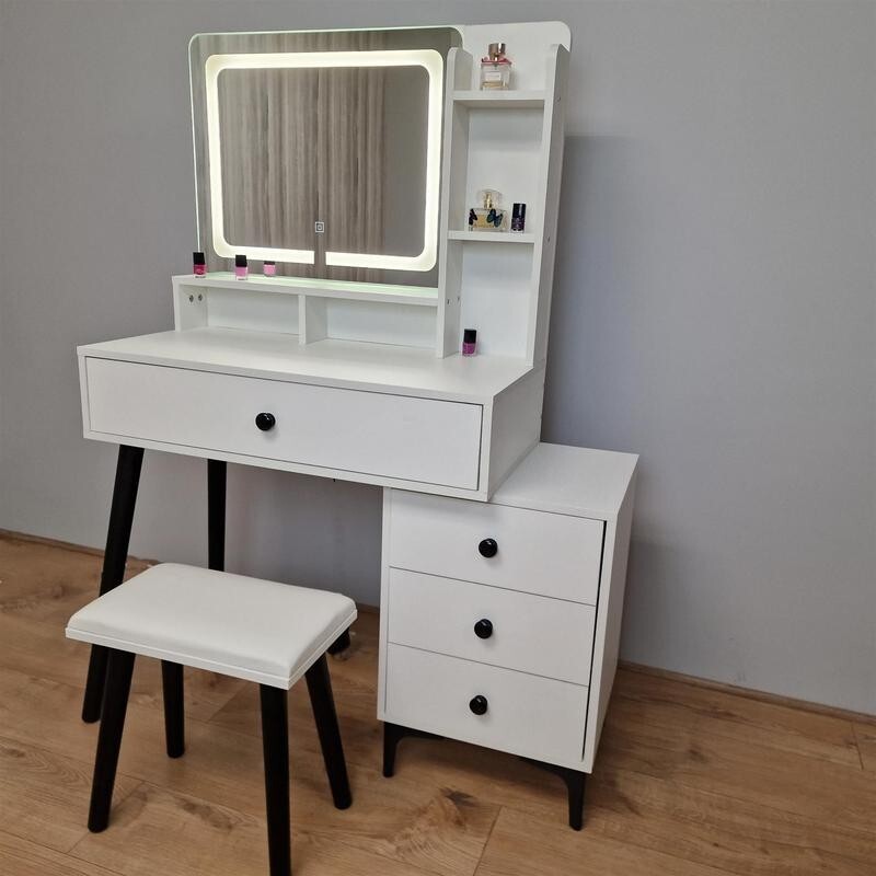 LED Vanity Dressing Table with Mirror & Stool, Makeup Desk w/ Drawers - Kwikley