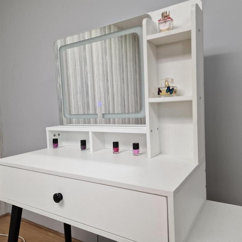 LED Vanity Dressing Table with Mirror & Stool, Makeup Desk w/ Drawers - Kwikley