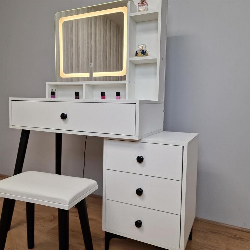 LED Vanity Dressing Table with Mirror & Stool, Makeup Desk w/ Drawers - Kwikley