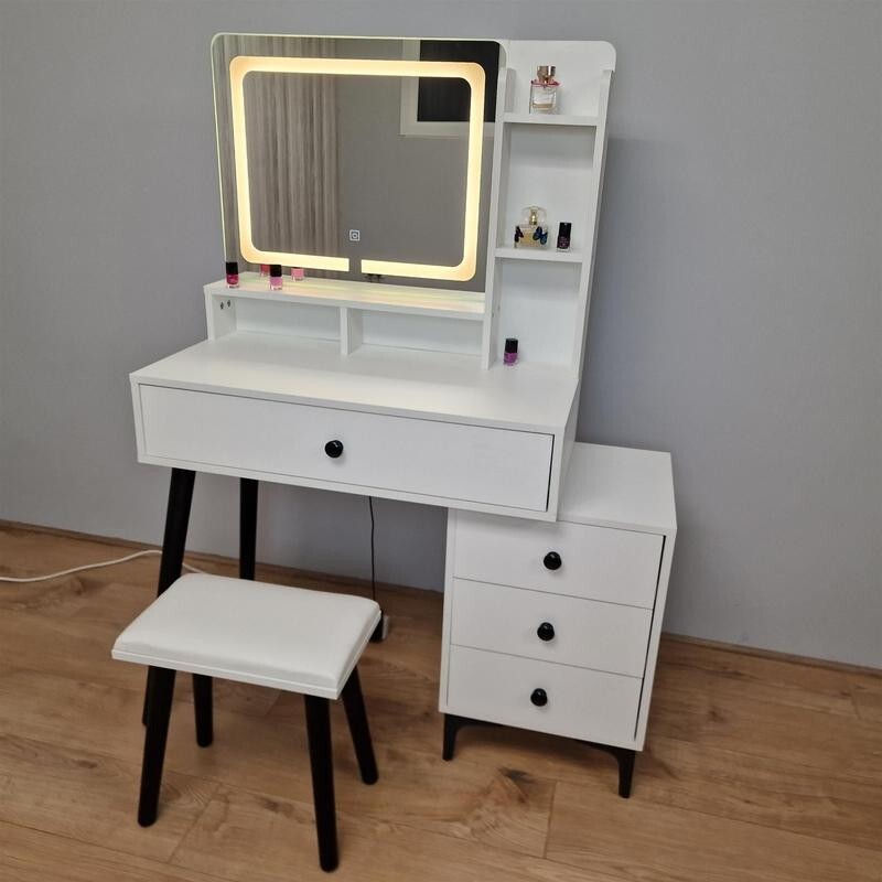 LED Vanity Dressing Table with Mirror & Stool, Makeup Desk w/ Drawers - Kwikley