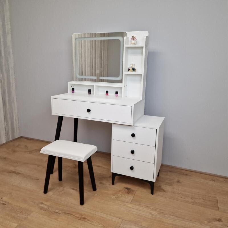 LED Vanity Dressing Table with Mirror & Stool, Makeup Desk w/ Drawers - Kwikley