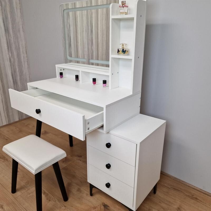 LED Vanity Dressing Table with Mirror & Stool, Makeup Desk w/ Drawers - Kwikley