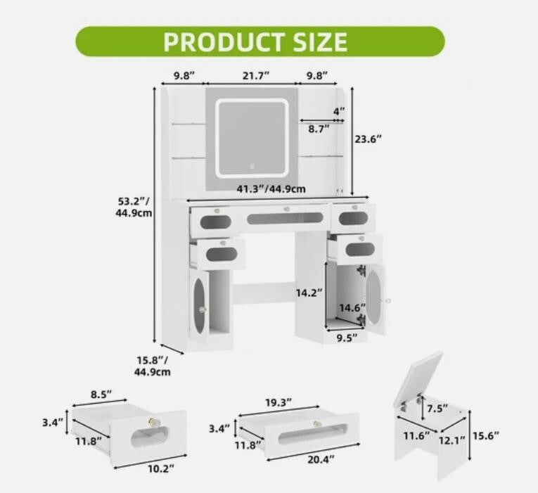 LED Vanity Dressing Table with Stool, USB & RGB Lights, 5 Drawers - Kwikley
