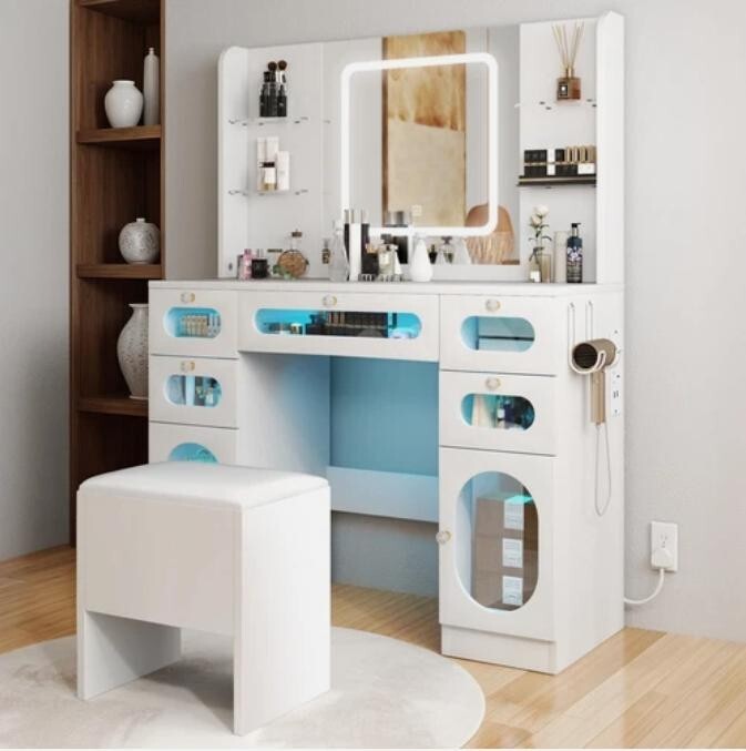 LED Vanity Dressing Table with Stool, USB & RGB Lights, 5 Drawers - Kwikley