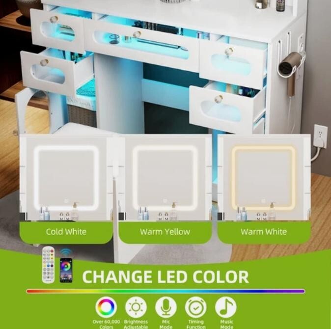 LED Vanity Dressing Table with Stool, USB & RGB Lights, 5 Drawers - Kwikley
