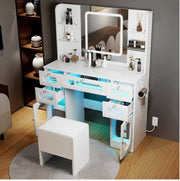 LED Vanity Dressing Table with Stool, USB & RGB Lights, 5 Drawers - Kwikley