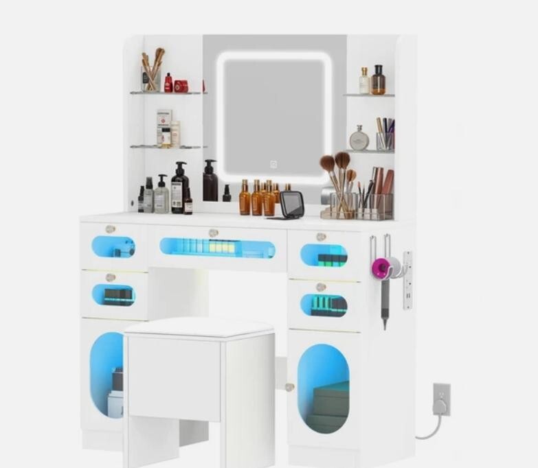 LED Vanity Dressing Table with Stool, USB & RGB Lights, 5 Drawers - Kwikley