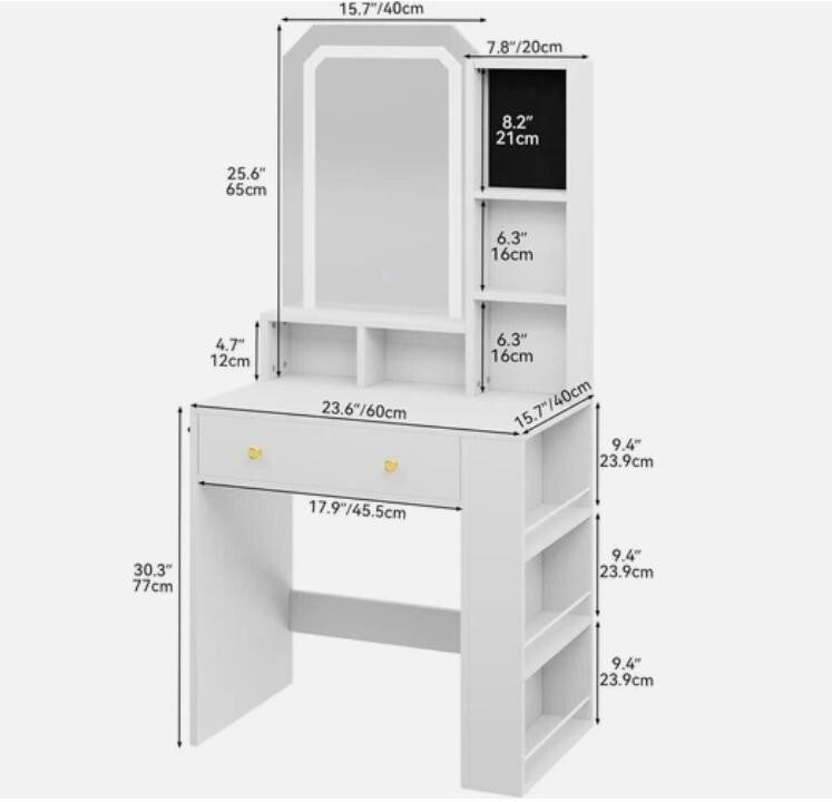 LED Vanity Makeup Desk Mirror Drawer Shelves Hair Tool Rack White - Kwikley