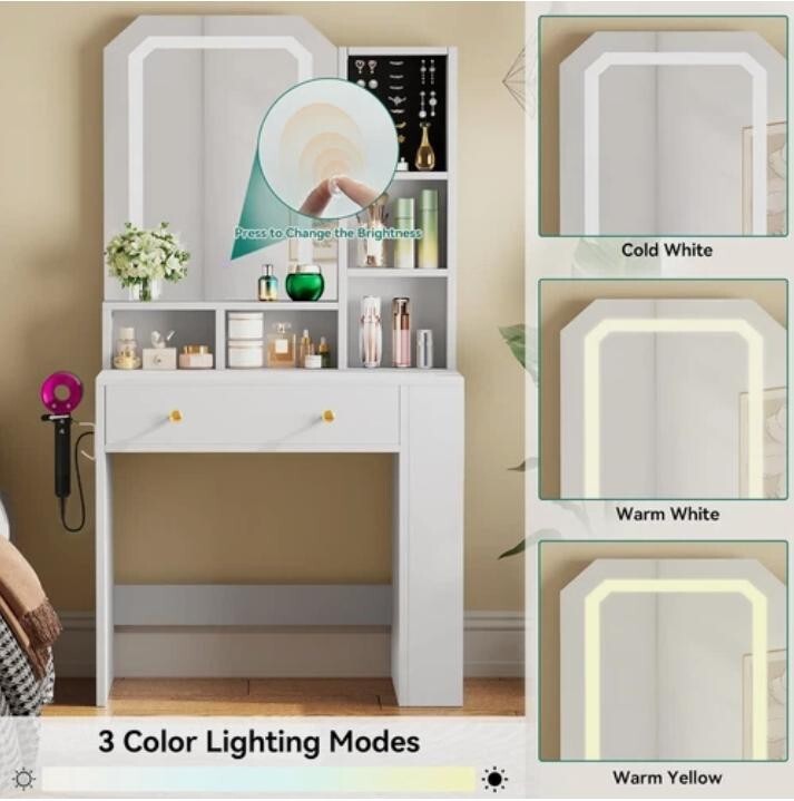 LED Vanity Makeup Desk Mirror Drawer Shelves Hair Tool Rack White - Kwikley