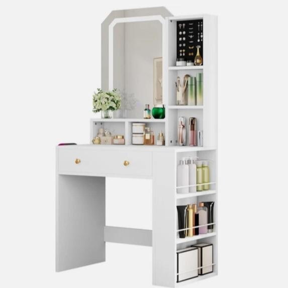 LED Vanity Makeup Desk Mirror Drawer Shelves Hair Tool Rack White - Kwikley