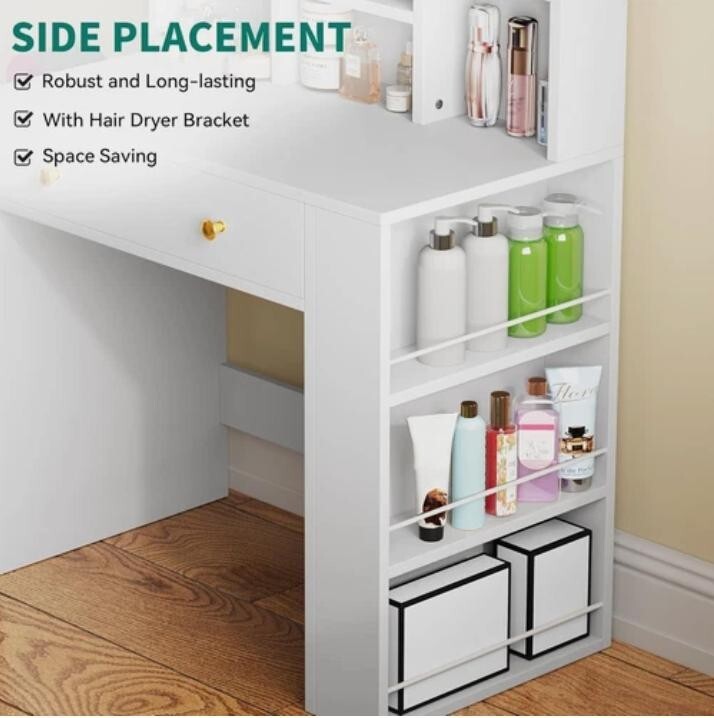 LED Vanity Makeup Desk Mirror Drawer Shelves Hair Tool Rack White - Kwikley