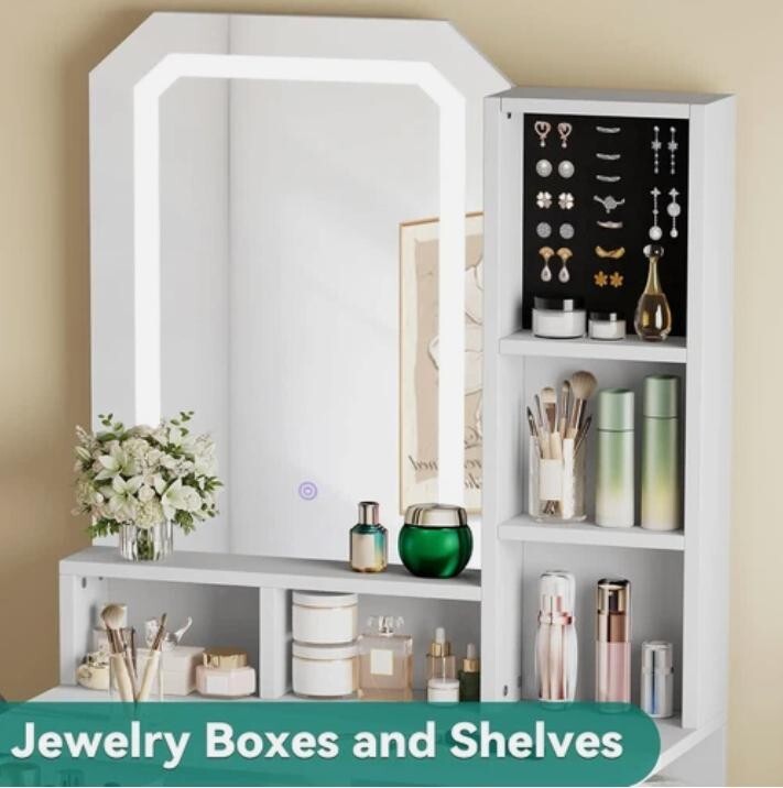 LED Vanity Makeup Desk Mirror Drawer Shelves Hair Tool Rack White - Kwikley
