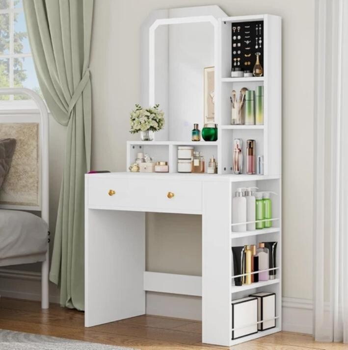 LED Vanity Makeup Desk Mirror Drawer Shelves Hair Tool Rack White - Kwikley