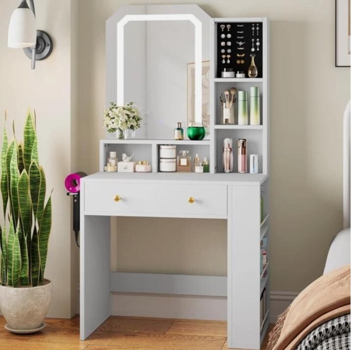 LED Vanity Makeup Desk Mirror Drawer Shelves Hair Tool Rack White - Kwikley