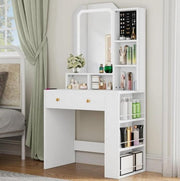LED Vanity Makeup Desk Mirror Drawer Shelves Hair Tool Rack White - Kwikley