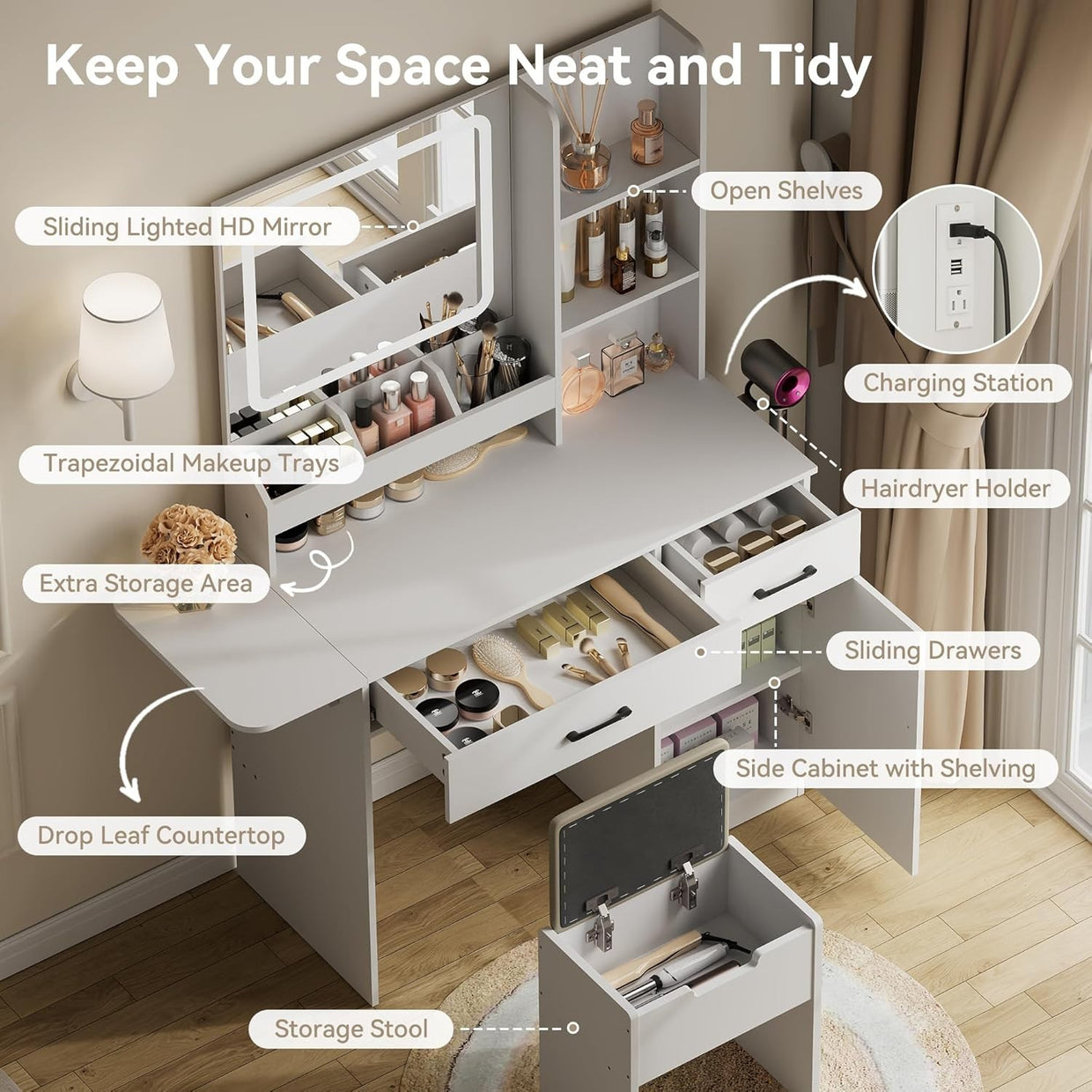 LED Vanity Makeup Table Dresser Desk 3 Color Mirror Storage USB Outlet Hair Drye - Kwikley