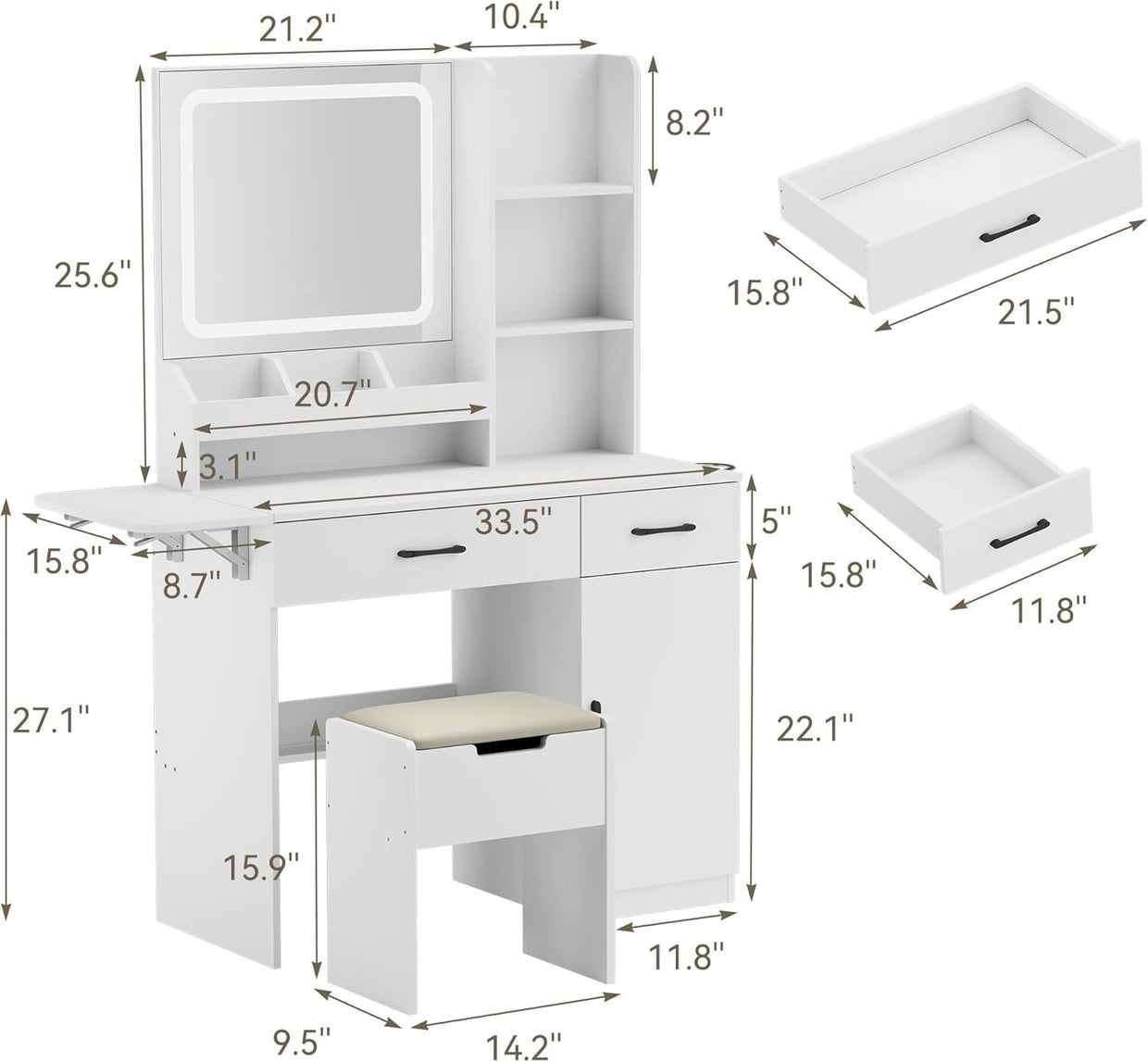 LED Vanity Makeup Table Dresser Desk 3 Color Mirror Storage USB Outlet Hair Drye - Kwikley