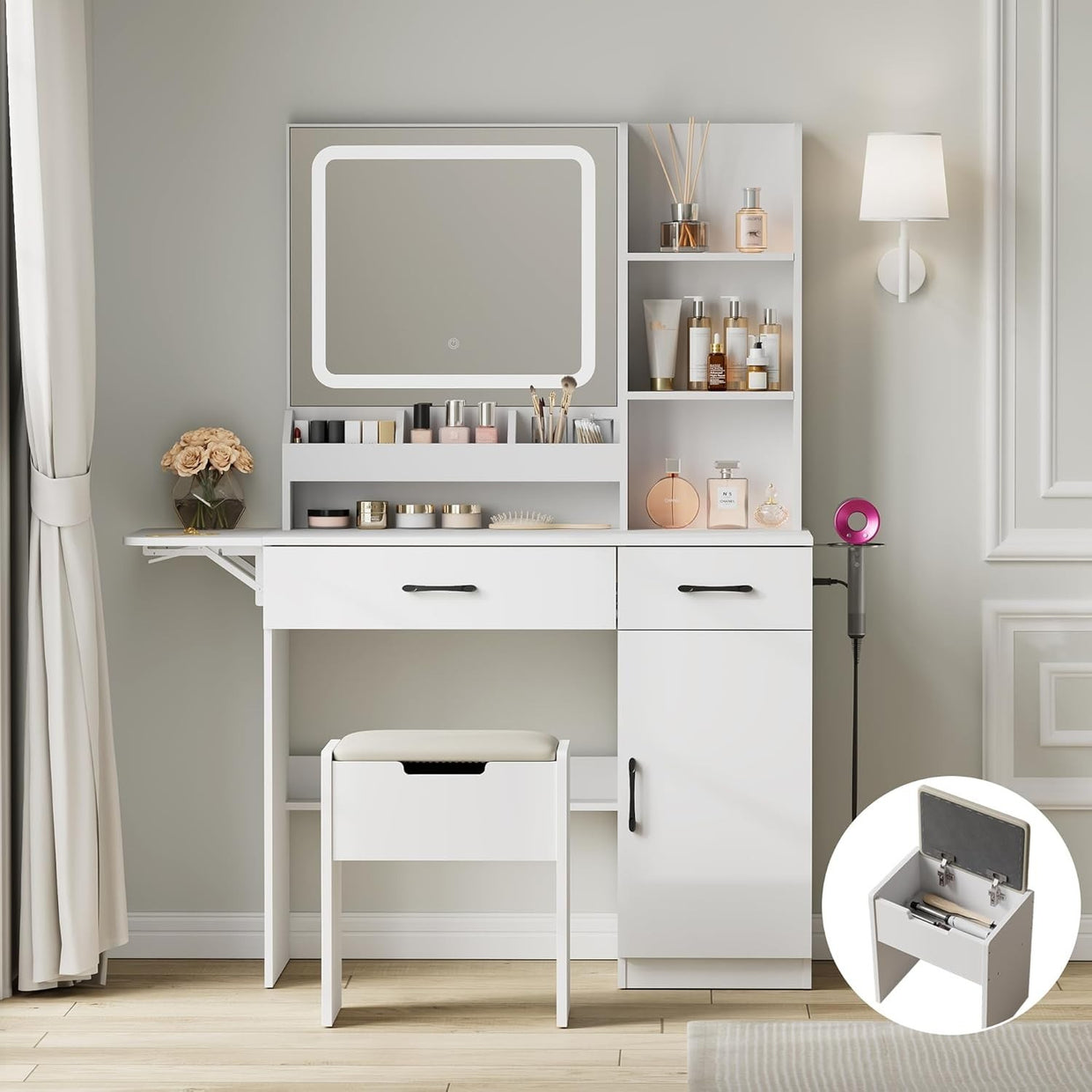LED Vanity Makeup Table Dresser Desk 3 Color Mirror Storage USB Outlet Hair Drye - Kwikley
