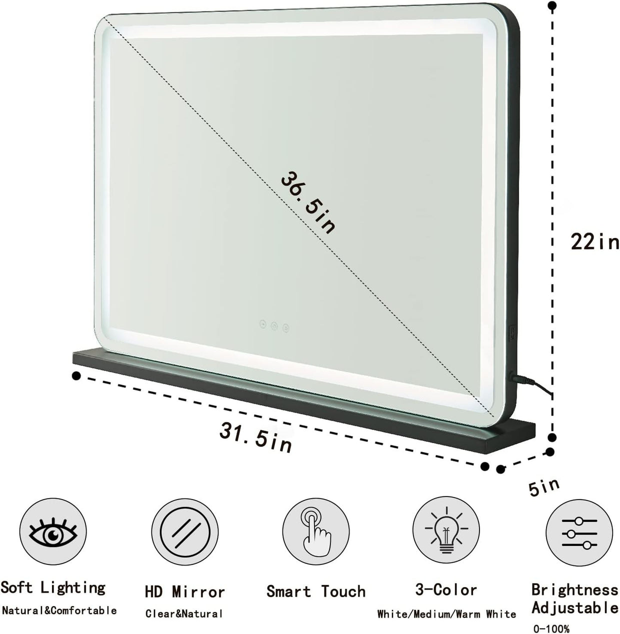 LED Vanity Mirror 32" with Touch Screen, USB Charging & 10X Magnifier - Kwikley