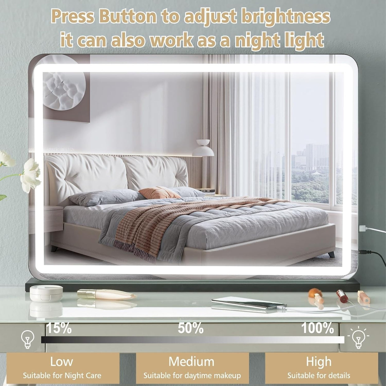 LED Vanity Mirror 32" with Touch Screen, USB Charging & 10X Magnifier - Kwikley