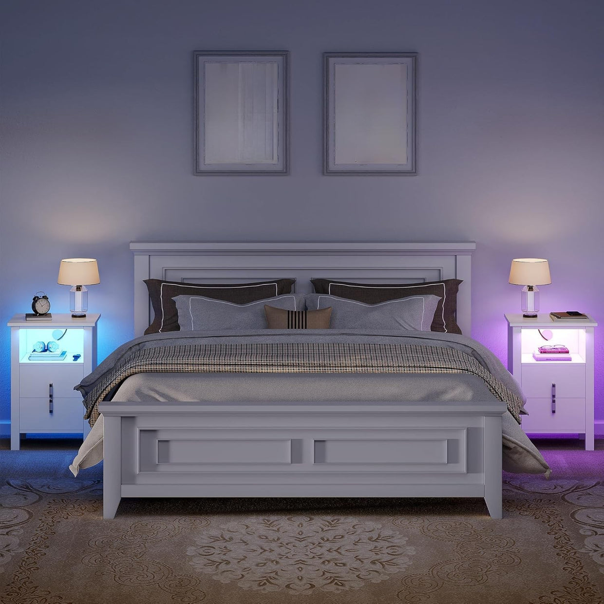 LED White Bedside Tables Set of 2 with Storage & RGB Light | Modern Nightstands - Kwikley