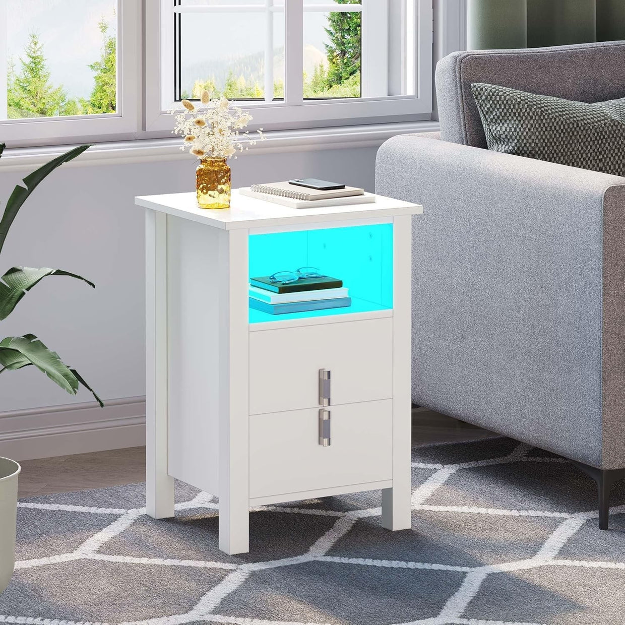 LED White Bedside Tables Set of 2 with Storage & RGB Light | Modern Nightstands - Kwikley