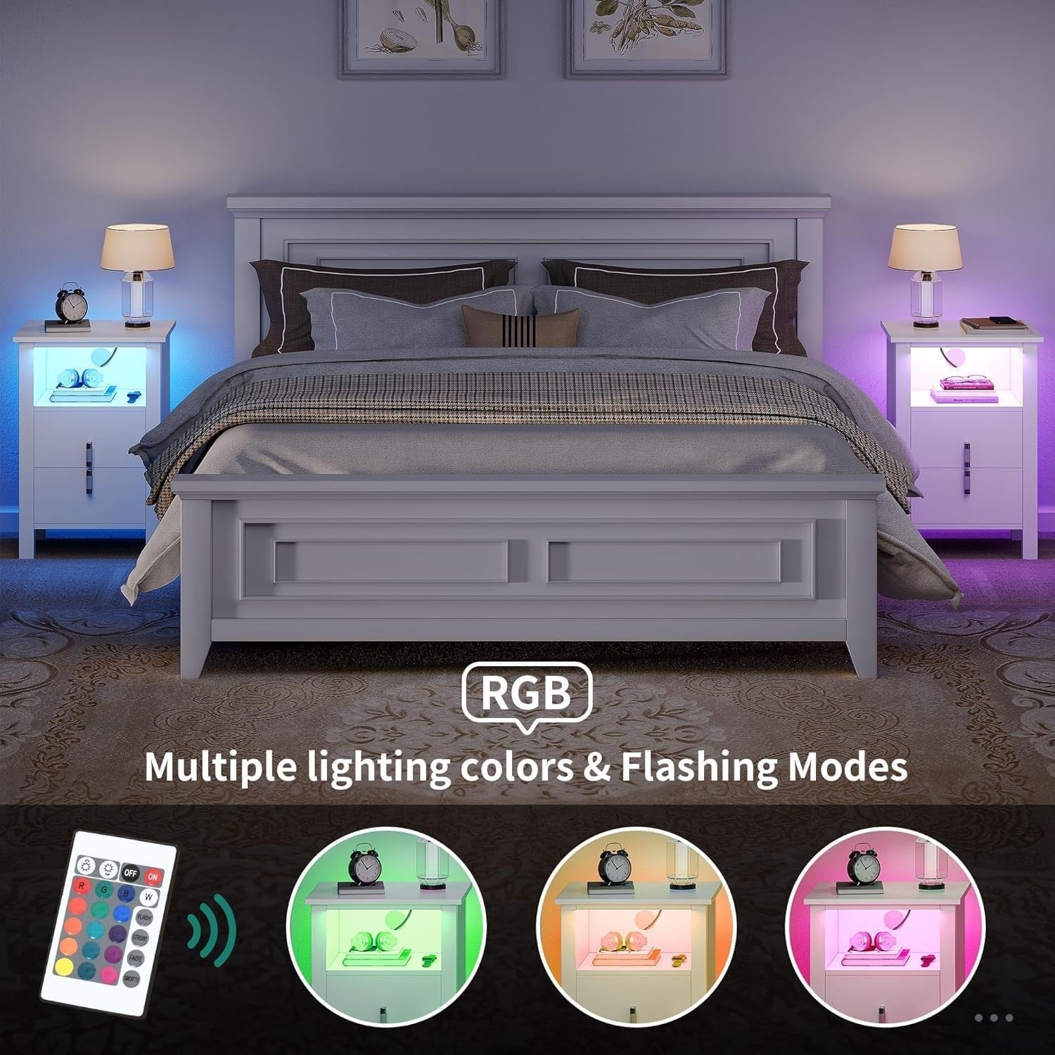 LED White Bedside Tables Set of 2 with Storage & RGB Light | Modern Nightstands - Kwikley