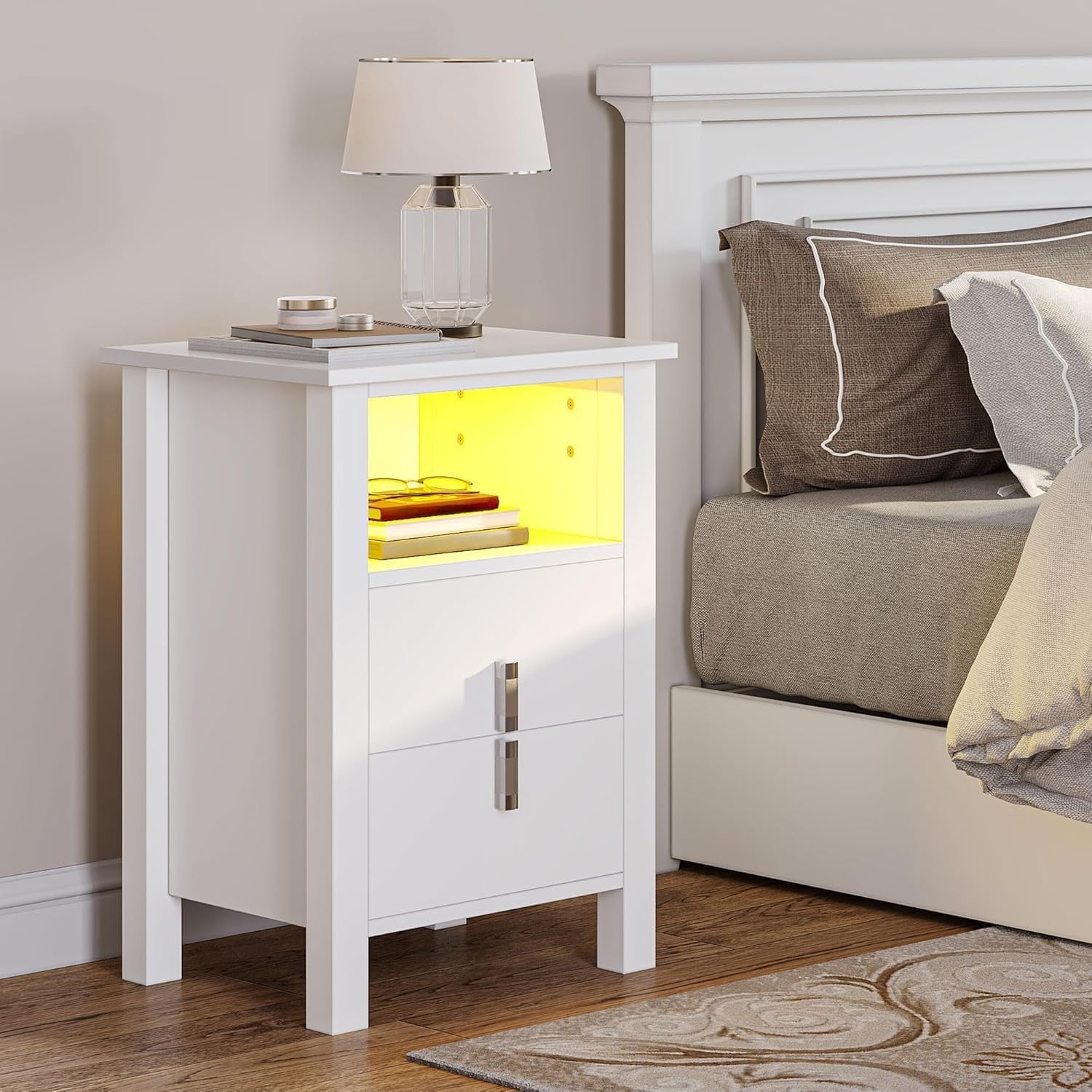 LED White Bedside Tables Set of 2 with Storage & RGB Light | Modern Nightstands - Kwikley