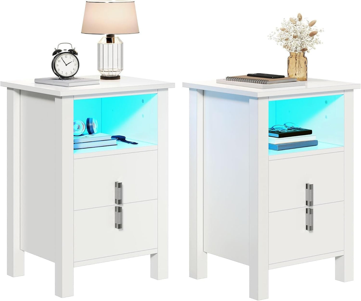 LED White Bedside Tables Set of 2 with Storage & RGB Light | Modern Nightstands - Kwikley