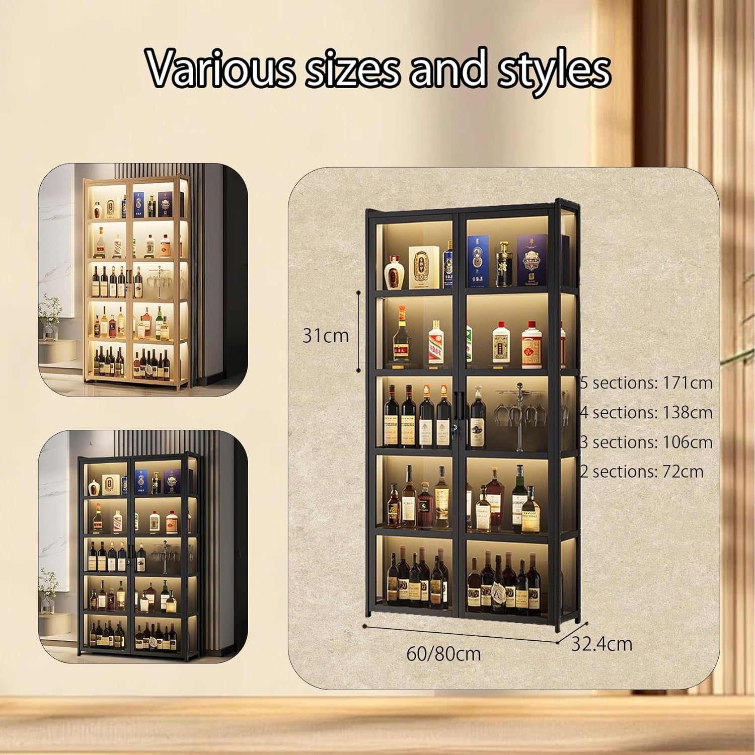 LED Wine Bar Cabinet Lockable Drinks Storage Sideboard Display Unit 60x32x72cm - Kwikley
