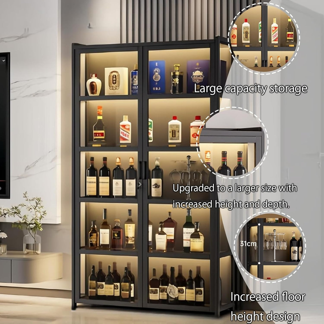 LED Wine Bar Cabinet Lockable Drinks Storage Sideboard Display Unit 60x32x72cm - Kwikley