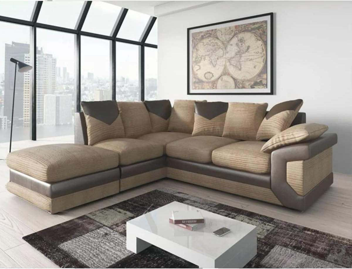 Left Hand Brown & Beige L - Shaped 4‑5 Seater Corner Sofa + Free Footstool - Kwikley