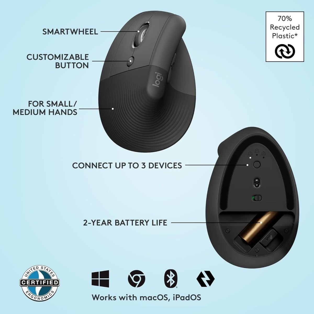 Left Handed Vertical Ergonomic Wireless Mouse Bluetooth Quiet Grey - Kwikley