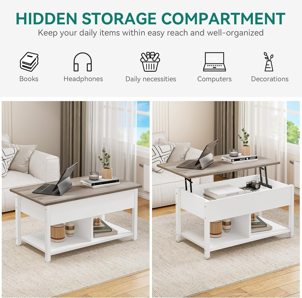 Lift Top Coffee Table Adjustable Height Hidden Storage & Shelf Modern White Gray - Kwikley