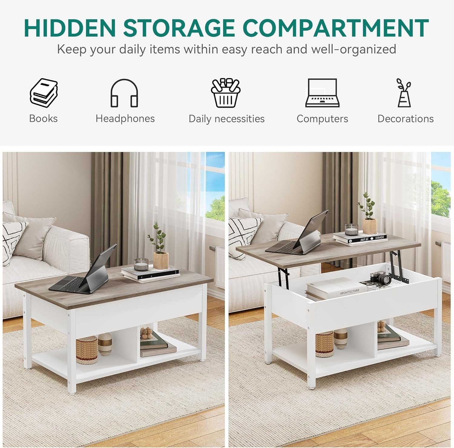 Lift Top Coffee Table Adjustable Height Hidden Storage & Shelf Modern White Gray - Kwikley